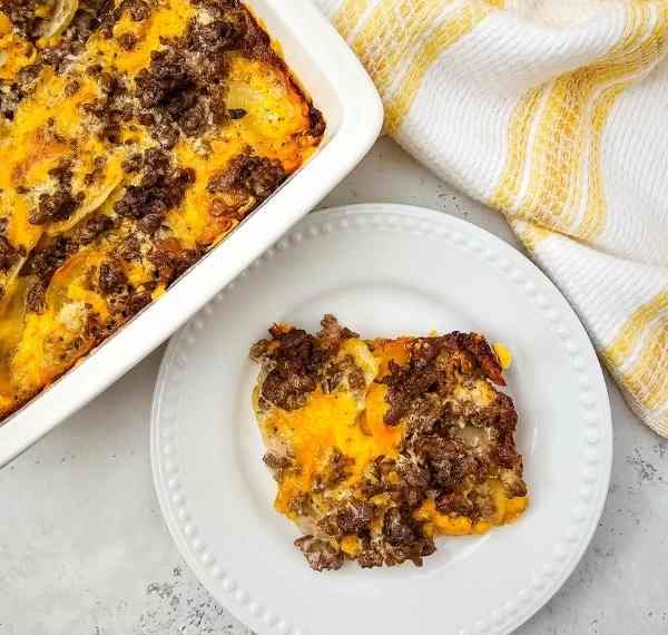 Hamburger potato casserole on a plate